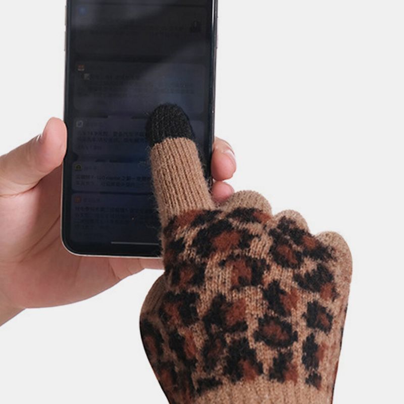 Mujeres 3pcs Lana Patrón De Leopardo Pantalla Táctil Guantes De Punto Bufanda De Protección Para El Cuello Sombrero De Punto Cálido