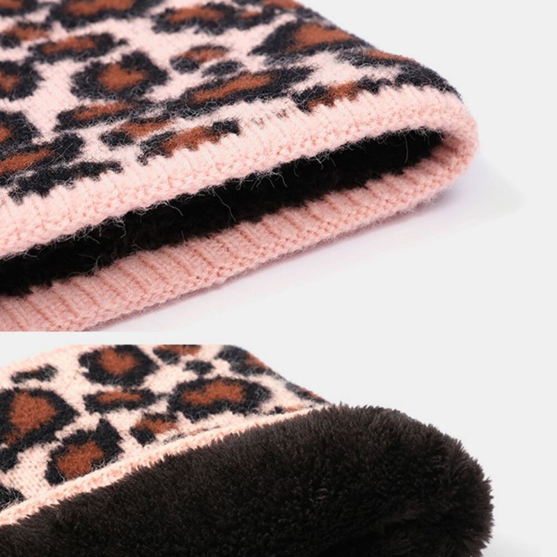 Mujeres 3pcs Lana Patrón De Leopardo Pantalla Táctil Guantes De Punto Bufanda De Protección Para El Cuello Sombrero De Punto Cálido