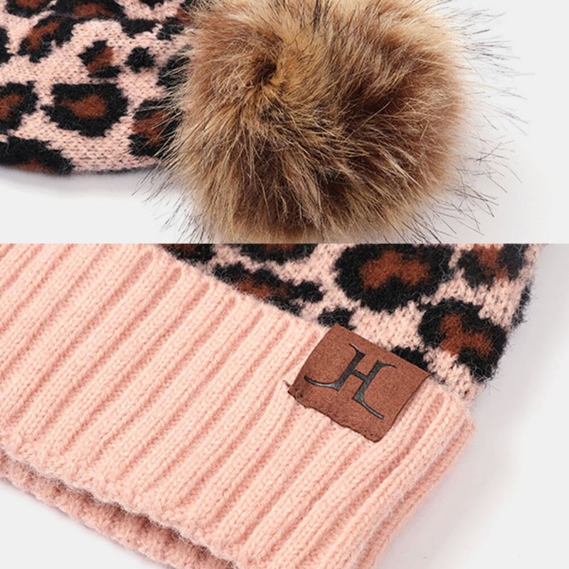 Mujeres 3pcs Lana Patrón De Leopardo Pantalla Táctil Guantes De Punto Bufanda De Protección Para El Cuello Sombrero De Punto Cálido