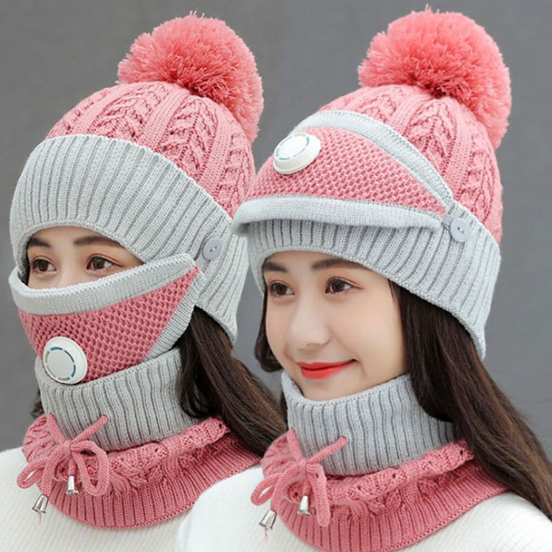 Mujeres 3pcs Lana Plus Terciopelo Espesar Cálido Cuello A Prueba De Viento Protección Facial Montar Sombrero De Punto Máscara Bufanda