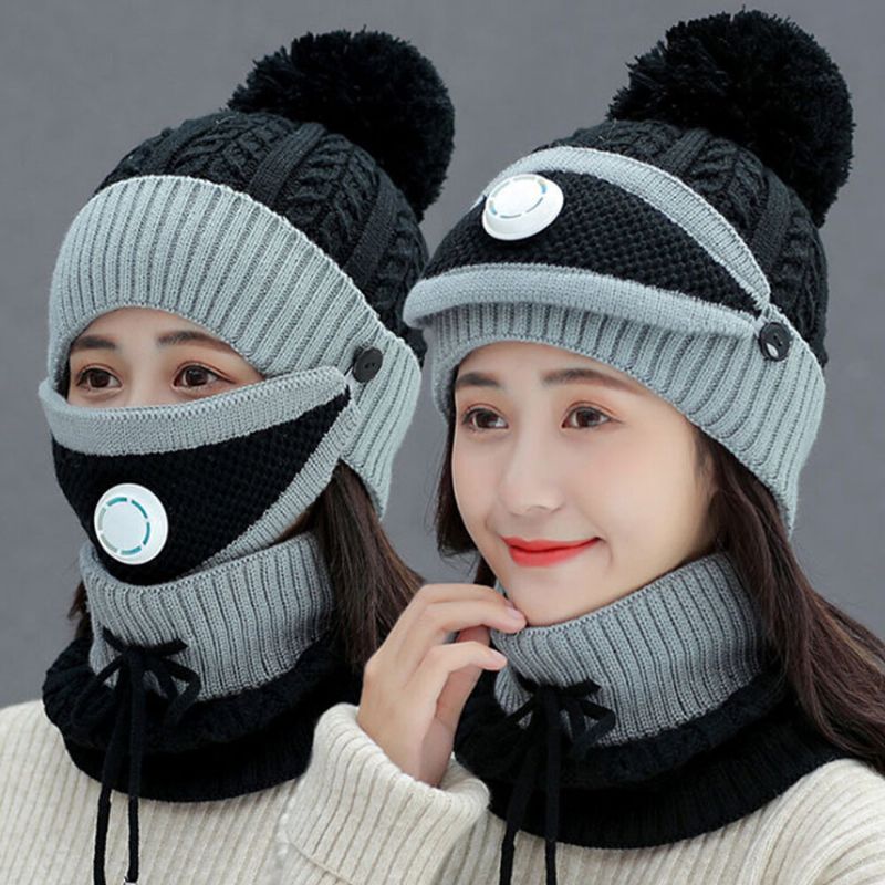 Mujeres 3pcs Lana Plus Terciopelo Espesar Cálido Cuello A Prueba De Viento Protección Facial Montar Sombrero De Punto Máscara Bufanda