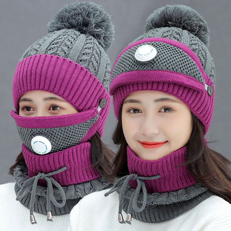 Mujeres 3pcs Lana Plus Terciopelo Espesar Cálido Cuello A Prueba De Viento Protección Facial Montar Sombrero De Punto Máscara Bufanda