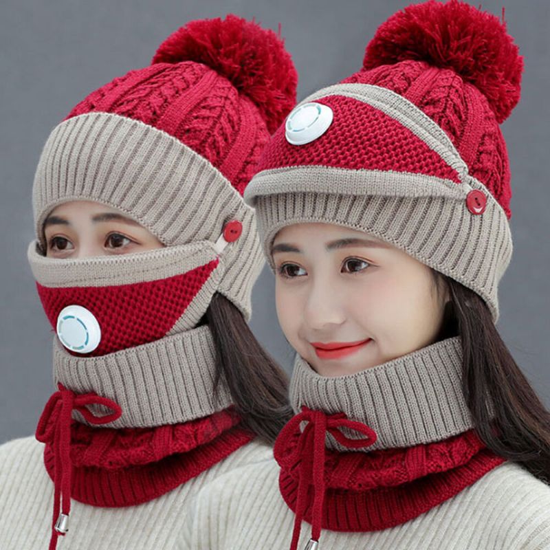 Mujeres 3pcs Lana Plus Terciopelo Espesar Cálido Cuello A Prueba De Viento Protección Facial Montar Sombrero De Punto Máscara Bufanda