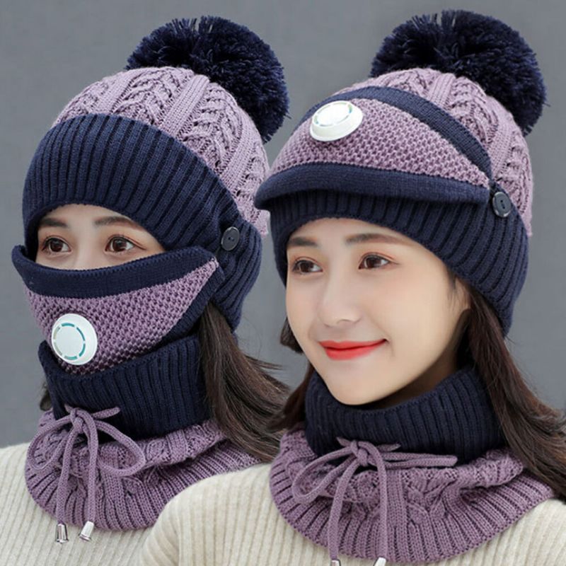 Mujeres 3pcs Lana Plus Terciopelo Espesar Cálido Cuello A Prueba De Viento Protección Facial Montar Sombrero De Punto Máscara Bufanda