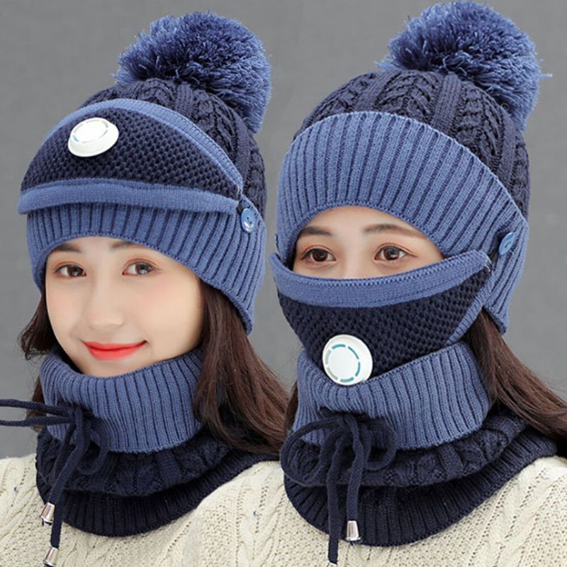 Mujeres 3pcs Lana Plus Terciopelo Espesar Cálido Cuello A Prueba De Viento Protección Facial Montar Sombrero De Punto Máscara Bufanda