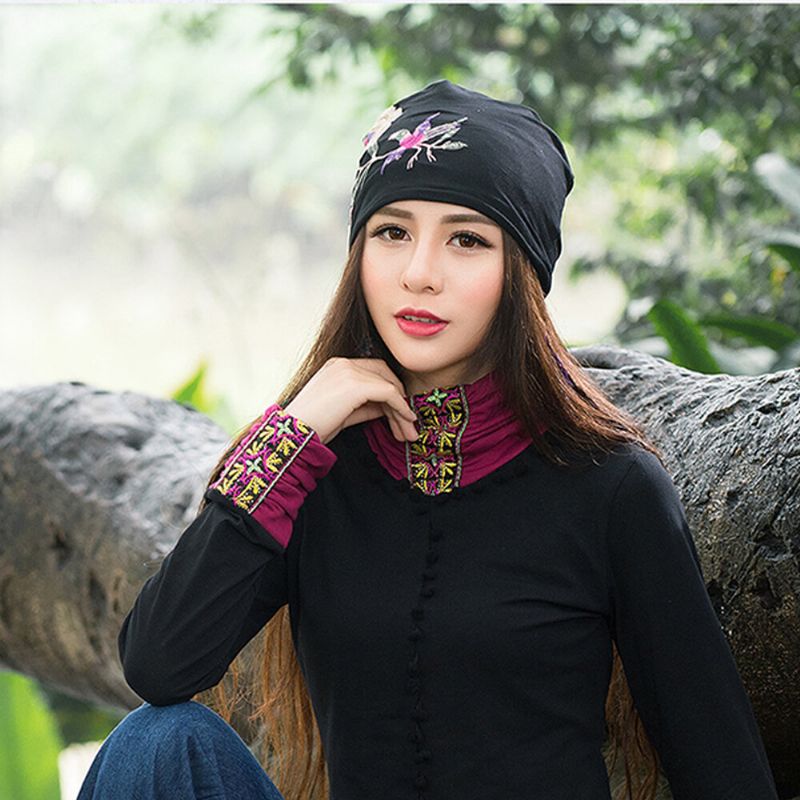 Mujeres Algodón Bordado Estampado De Flores Gorro De Estilo Étnico Gorro De Turbante Transpirable