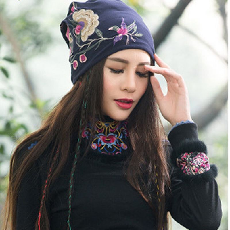 Mujeres Algodón Bordado Estampado De Flores Gorro De Estilo Étnico Gorro De Turbante Transpirable