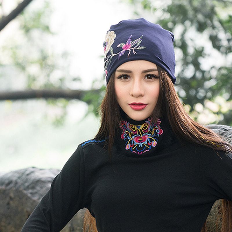 Mujeres Algodón Bordado Estampado De Flores Gorro De Estilo Étnico Gorro De Turbante Transpirable