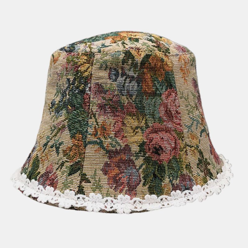 Mujeres Algodón Color Flor Encaje Borde Casual Sombrero De Sombrilla Salvaje Sombrero De Cubo