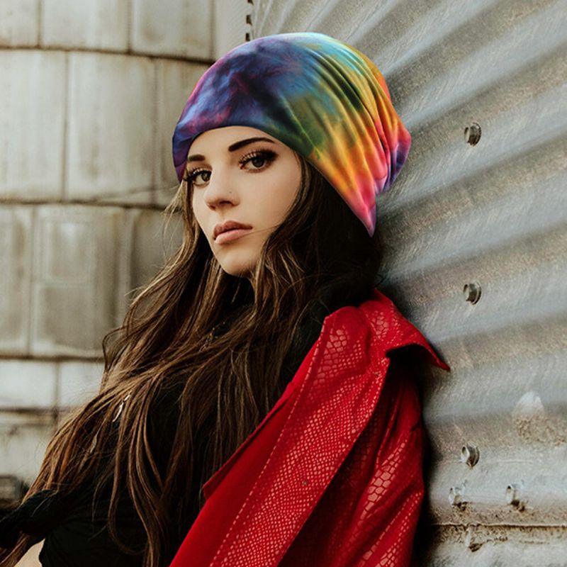 Mujeres Algodón De Doble Uso Tie-dye Protección Del Cuello Bufanda Babero Sombrero Gorro Sin Ala