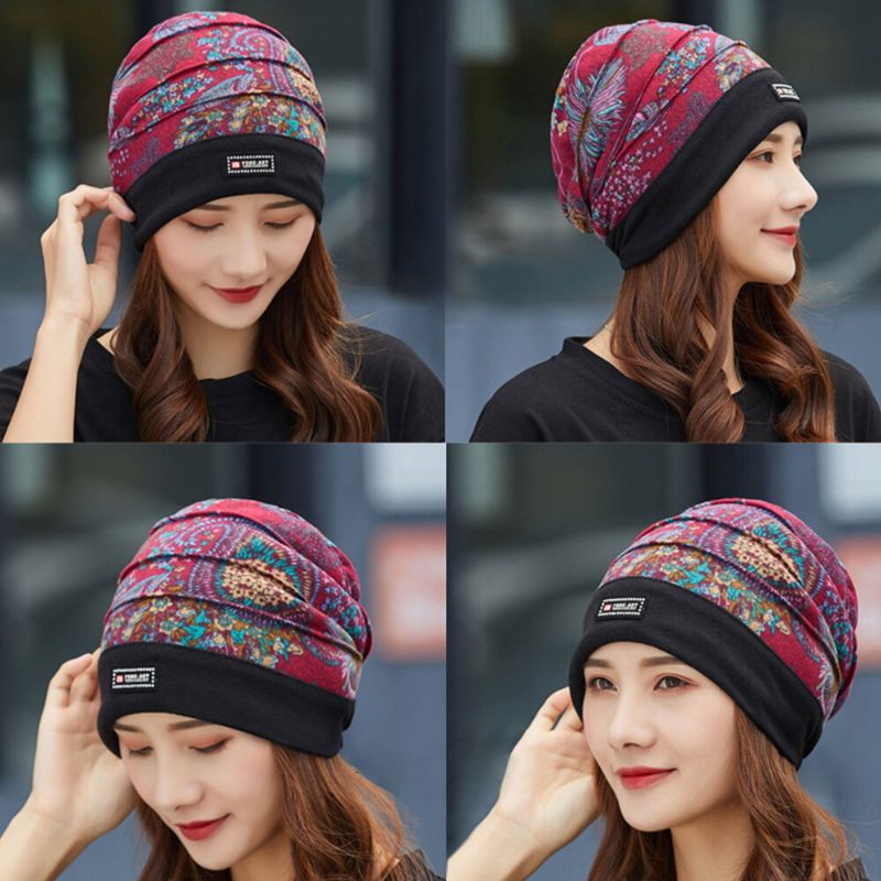 Mujeres Algodón Patrón Floral Moda Casual Transpirable Plisados Al Aire Libre Mantén Caliente Turbante Beanie