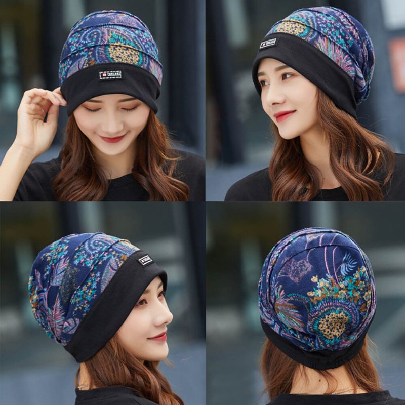 Mujeres Algodón Patrón Floral Moda Casual Transpirable Plisados Al Aire Libre Mantén Caliente Turbante Beanie