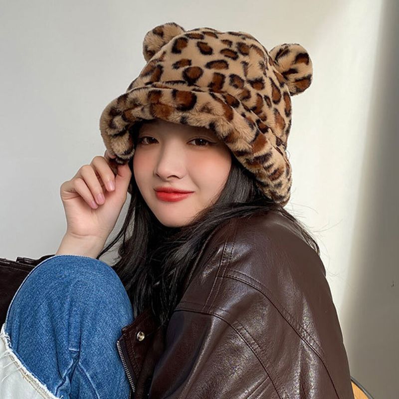 Mujeres Faux Rabbit Hair Warm Soft Cute Casual All-match Animal Ear Pattern Bucket Hat