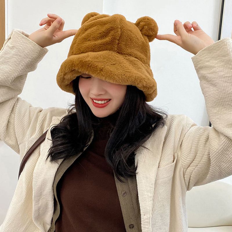 Mujeres Faux Rabbit Hair Warm Soft Cute Casual All-match Animal Ear Pattern Bucket Hat