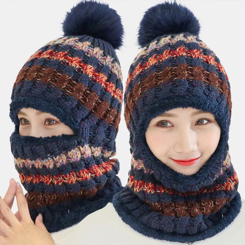 Mujeres De Lana De Una Pieza Más Terciopelo Grueso Cálido A Prueba De Viento Cuello Protección Facial Montar Gorro De Béisbol De Punto