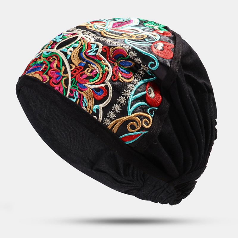 Mujeres Lienzo Bordado Étnico Estampado De Flores Sombrero De Gorrita Tejida Vintage Gorras De Turbante