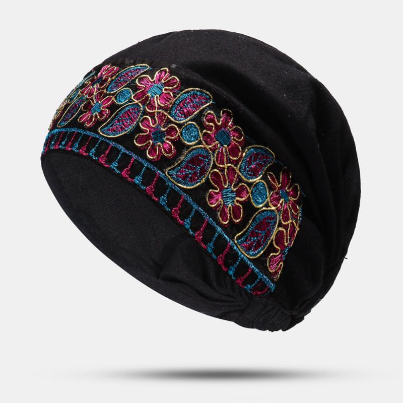 Mujeres Lienzo Bordado Étnico Estampado De Flores Sombrero De Gorrita Tejida Vintage Gorras De Turbante