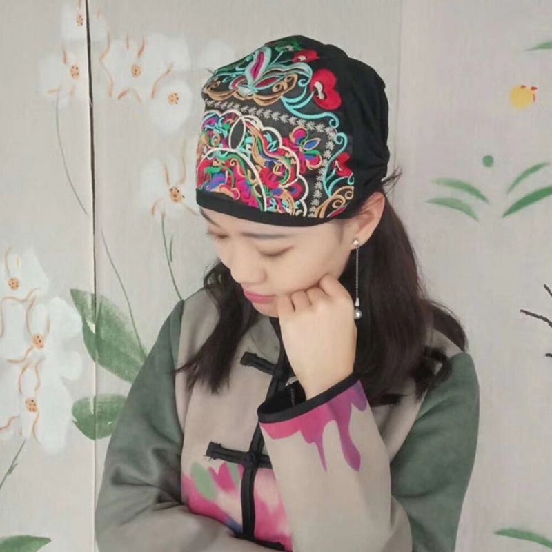 Mujeres Lienzo Bordado Étnico Estampado De Flores Sombrero De Gorrita Tejida Vintage Gorras De Turbante