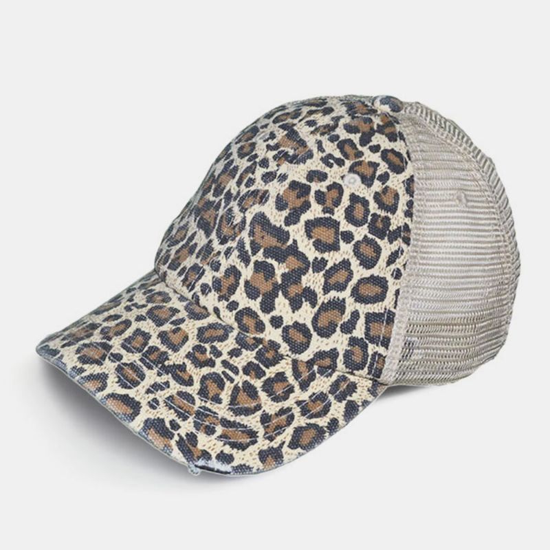 Mujeres Made-old Breaking Hole Patrón De Leopardo Moda Ahueca Hacia Fuera Gorra De Béisbol Lavada Rasgada