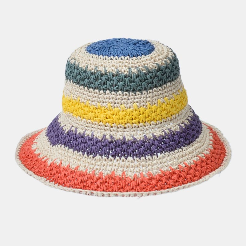 Mujeres Paja Arco Iris Elegante Ala Grande Perla Bowknot Borde Ondulado Visera De Playa Plegable Ajustable Sombrero De Cubo Para El Sol