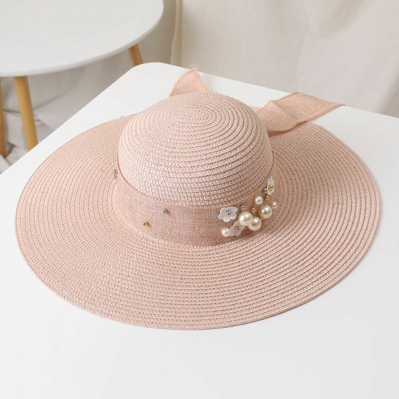 Mujeres Paja Color Sólido Elegante Ala Grande Perla Bowknot Borde Ondulado Visera Sombrero Para El Sol Sombrero De Playa Sombrero De Cubo