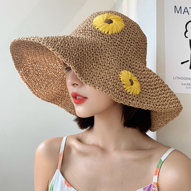 Mujeres Paja Floral Color Sólido Elegante Girasol Visera De Ala Grande Sombrero De Protección Solar Sombrero De Playa Sombrero De Cubo