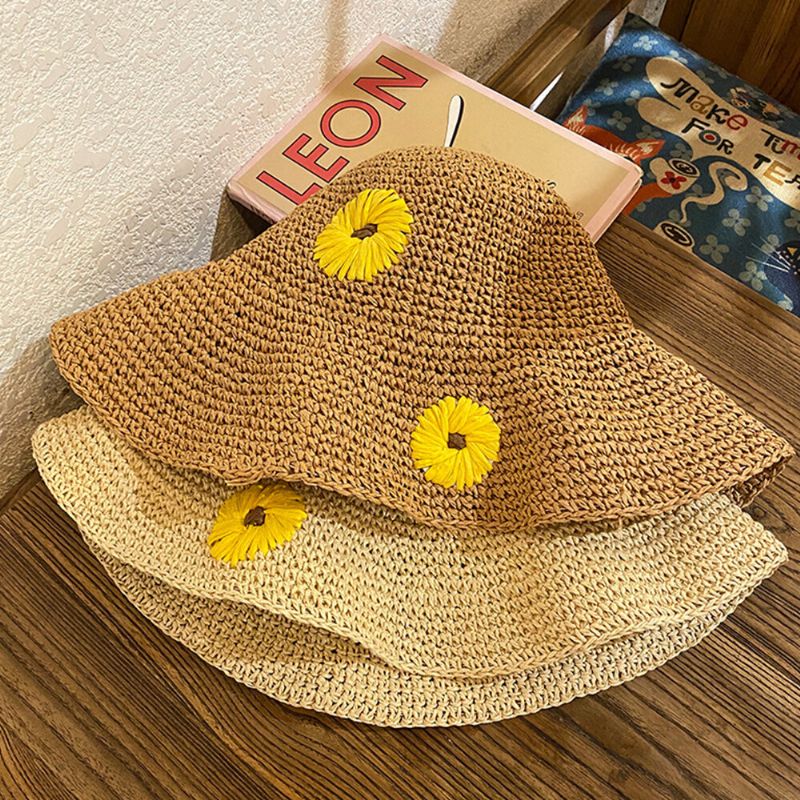 Mujeres Paja Floral Color Sólido Elegante Girasol Visera De Ala Grande Sombrero De Protección Solar Sombrero De Playa Sombrero De Cubo