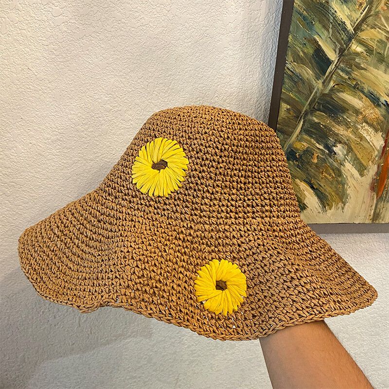 Mujeres Paja Floral Color Sólido Elegante Girasol Visera De Ala Grande Sombrero De Protección Solar Sombrero De Playa Sombrero De Cubo