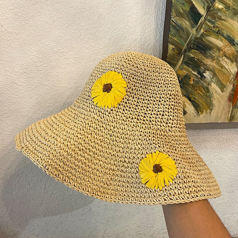 Mujeres Paja Floral Color Sólido Elegante Girasol Visera De Ala Grande Sombrero De Protección Solar Sombrero De Playa Sombrero De Cubo