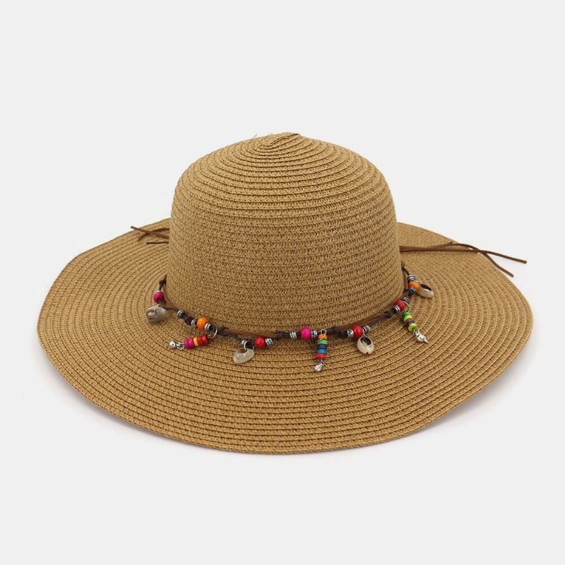 Mujeres Protector Solar Vacaciones Playa Sombrero Para El Sol Plegable Elegante Ala Salvaje Baratija Cadena Decoración Sombrero De Paja