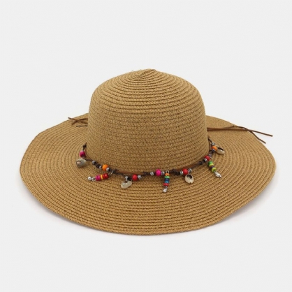 Mujeres Protector Solar Vacaciones Playa Sombrero Para El Sol Plegable Elegante Ala Salvaje Baratija Cadena Decoración Sombrero De Paja