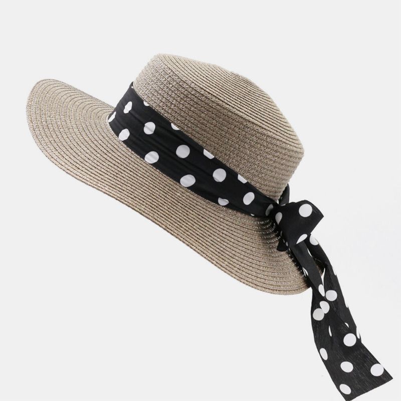 Mujeres Protector Solar Vacaciones Verano Sombrero Para El Sol Elegante Sombrero De Paja Con Estilo Con Cinta De Lunares