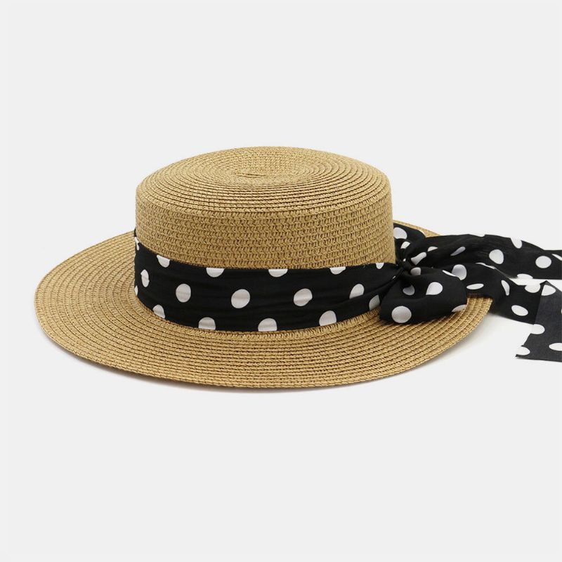 Mujeres Protector Solar Vacaciones Verano Sombrero Para El Sol Elegante Sombrero De Paja Con Estilo Con Cinta De Lunares