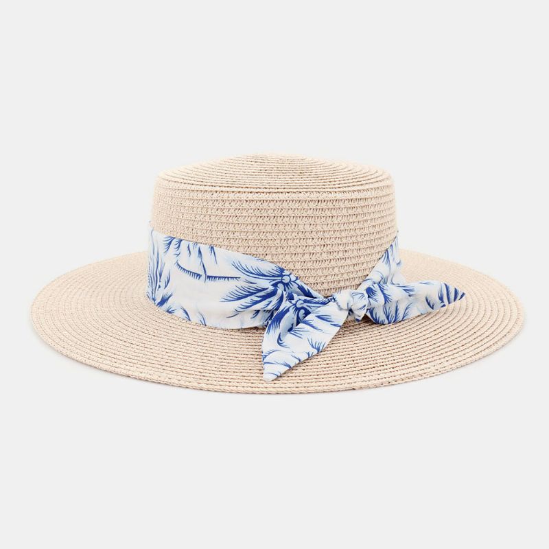 Mujeres Protector Solar Viajes Playa Sombrero Para El Sol Elegante Bowknot Jazz Sombrero Sombrero Plano Sombrero De Paja