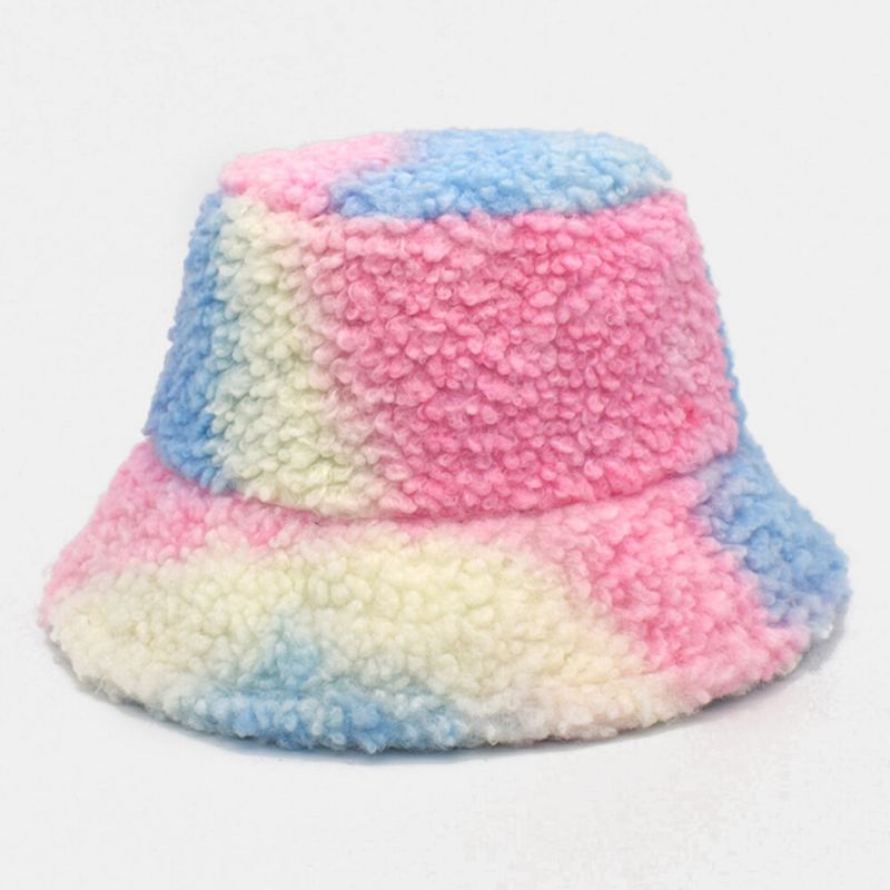 Mujeres Tie-dye Mix Color Cordero Pelo Cálido Casual Lindo Sombrero De Cubo