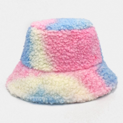 Mujeres Tie-dye Mix Color Cordero Pelo Cálido Casual Lindo Sombrero De Cubo