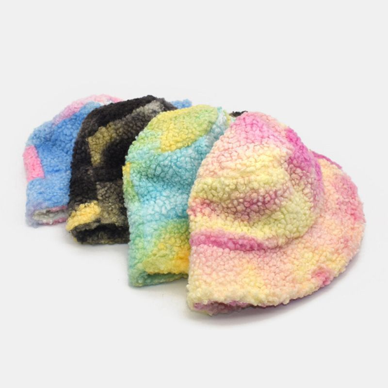 Mujeres Tie-dye Mix Color Cordero Pelo Cálido Casual Lindo Sombrero De Cubo