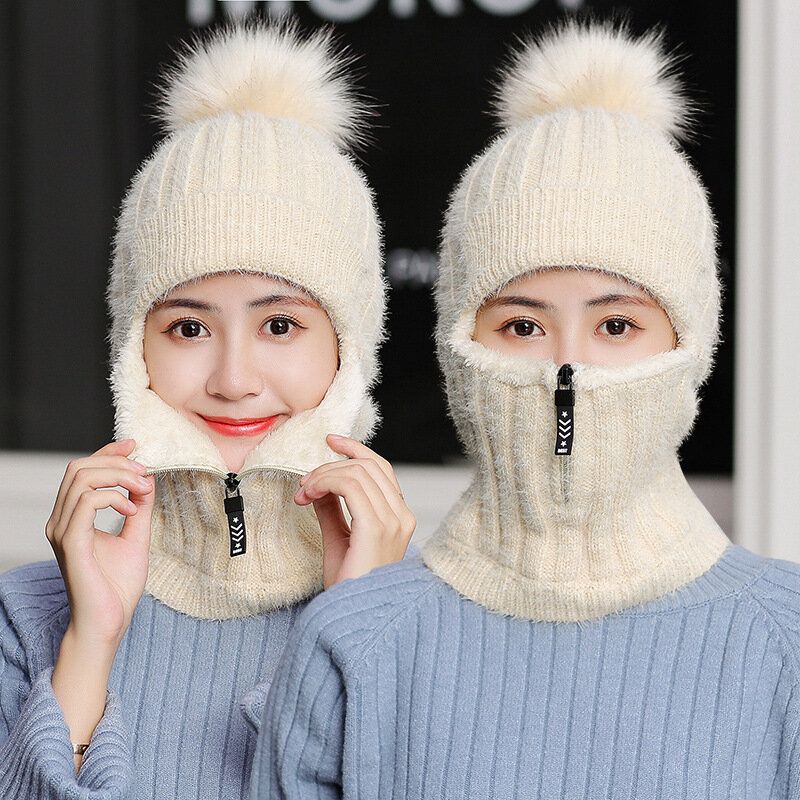 Mujeres De Una Pieza De Lana Más Espesa Más Terciopelo Cálido Cuello Cara Protección Para Los Oídos Montar Esquí Cremallera Gorro De Punto Con Bola De Pelusa