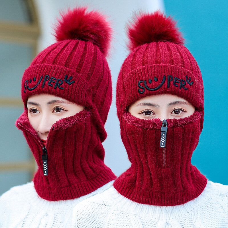 Mujeres De Una Pieza De Lana Más Espesa Más Terciopelo Cálido Cuello Cara Protección Para Los Oídos Montar Esquí Cremallera Gorro De Punto Con Bola De Pelusa