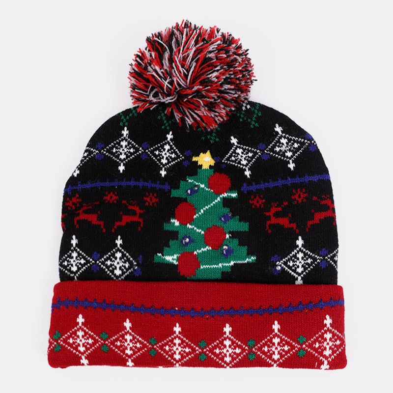 Niño Adulto Jacquard Carta Patrón De Dibujos Animados Cálido Sombrero Festivo De Navidad Sombrero De Punto Gorro Con Luz Led Luminosa