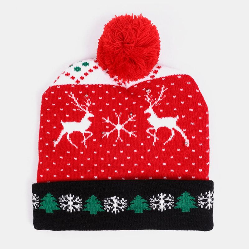 Niño Adulto Jacquard Carta Patrón De Dibujos Animados Cálido Sombrero Festivo De Navidad Sombrero De Punto Gorro Con Luz Led Luminosa