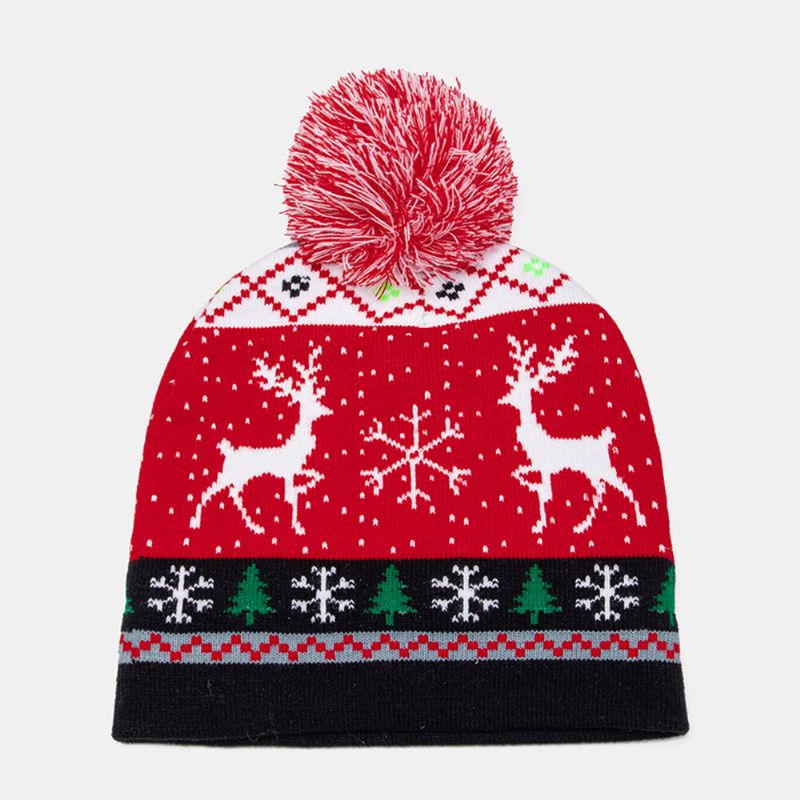 Niño Adulto Lana Jacquard Cálido Festivo Navidad Elk Muñecos De Nieve Patrón Sombrero De Punto Gorro Con Bola De Pelusa