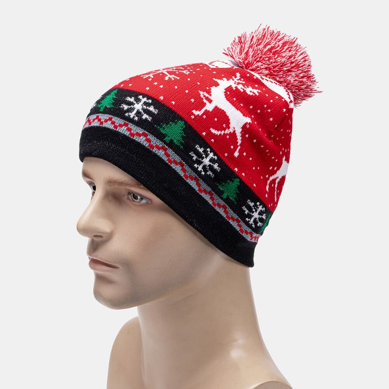 Niño Adulto Lana Jacquard Cálido Festivo Navidad Elk Muñecos De Nieve Patrón Sombrero De Punto Gorro Con Bola De Pelusa