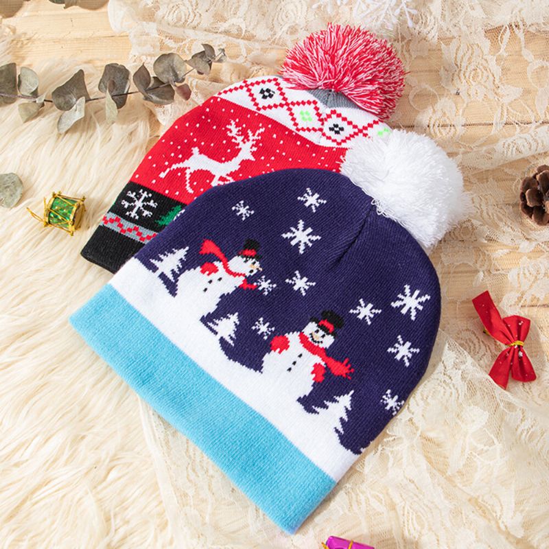 Niño Adulto Lana Jacquard Cálido Festivo Navidad Elk Muñecos De Nieve Patrón Sombrero De Punto Gorro Con Bola De Pelusa