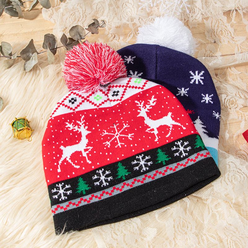 Niño Adulto Lana Jacquard Cálido Festivo Navidad Elk Muñecos De Nieve Patrón Sombrero De Punto Gorro Con Bola De Pelusa