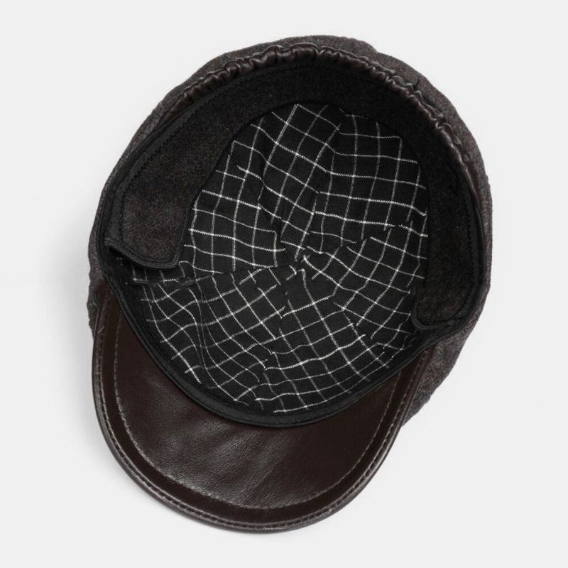 Parche De Fieltro Y Cuero Genuino Para Hombre Personalidad Informal Protección Cálida Para Los Oídos Sombrero Delantero Sombrero De Boina