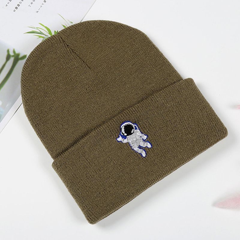 Patrón De Astronauta Bordado De Lana Unisex Casual Mantener Caliente Gorro De Punto Suave