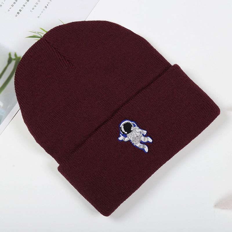 Patrón De Astronauta Bordado De Lana Unisex Casual Mantener Caliente Gorro De Punto Suave