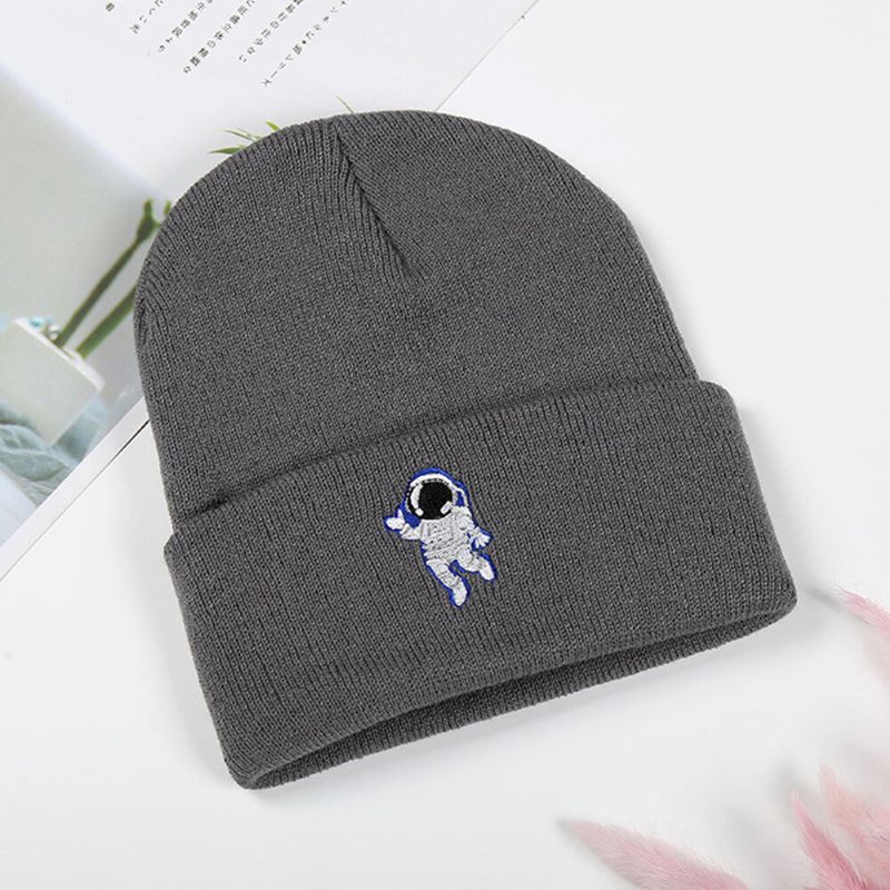 Patrón De Astronauta Bordado De Lana Unisex Casual Mantener Caliente Gorro De Punto Suave