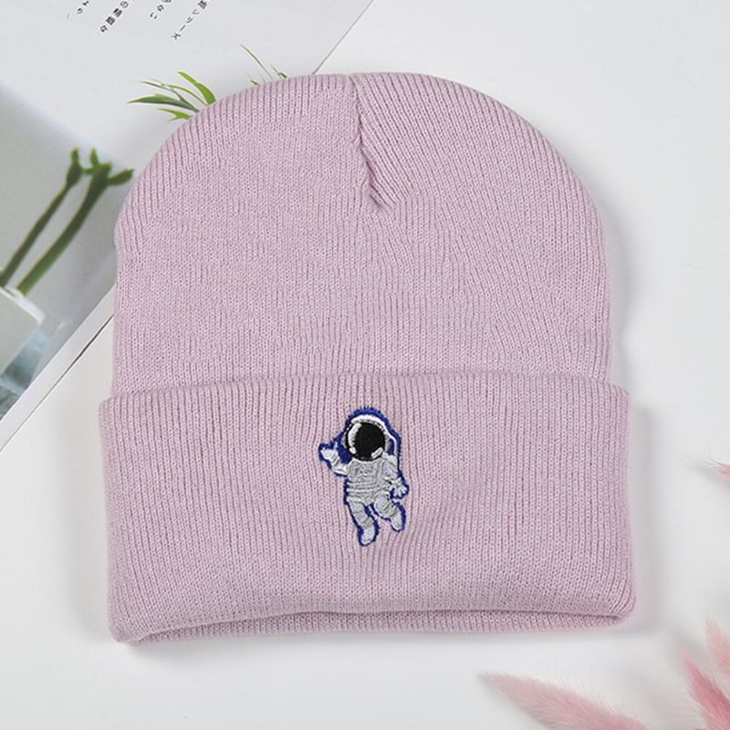 Patrón De Astronauta Bordado De Lana Unisex Casual Mantener Caliente Gorro De Punto Suave